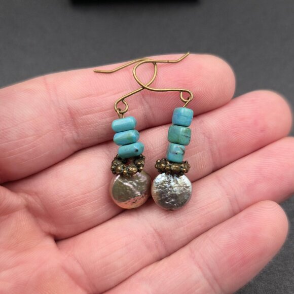 Copper Genuine Pearl With Turquoise Stones Dangle Earrings A6093 - Picture 3 of 5